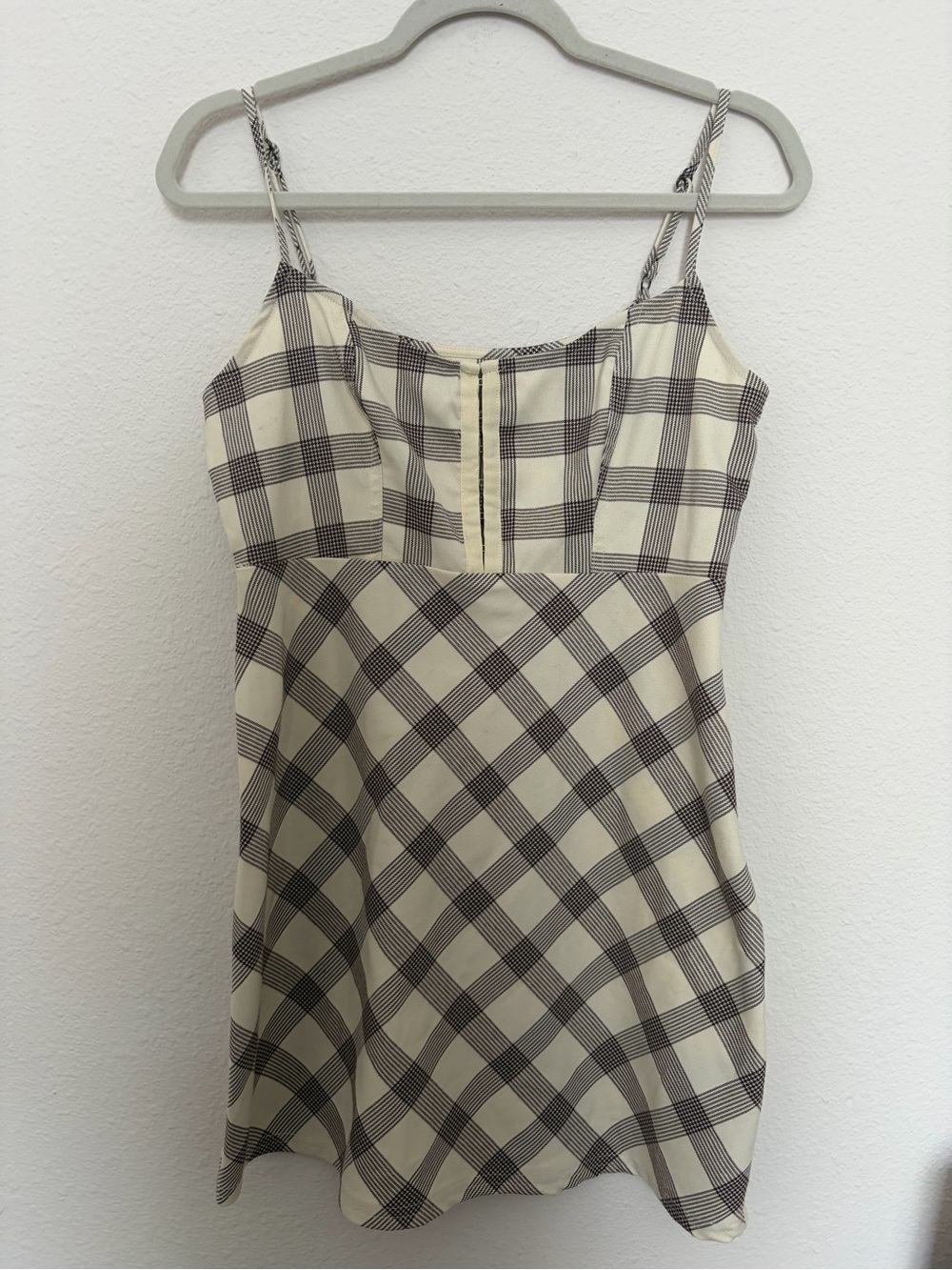 Urban Outfitters Cream and Brown Plaid Spaghetti-Strap Mini Dress